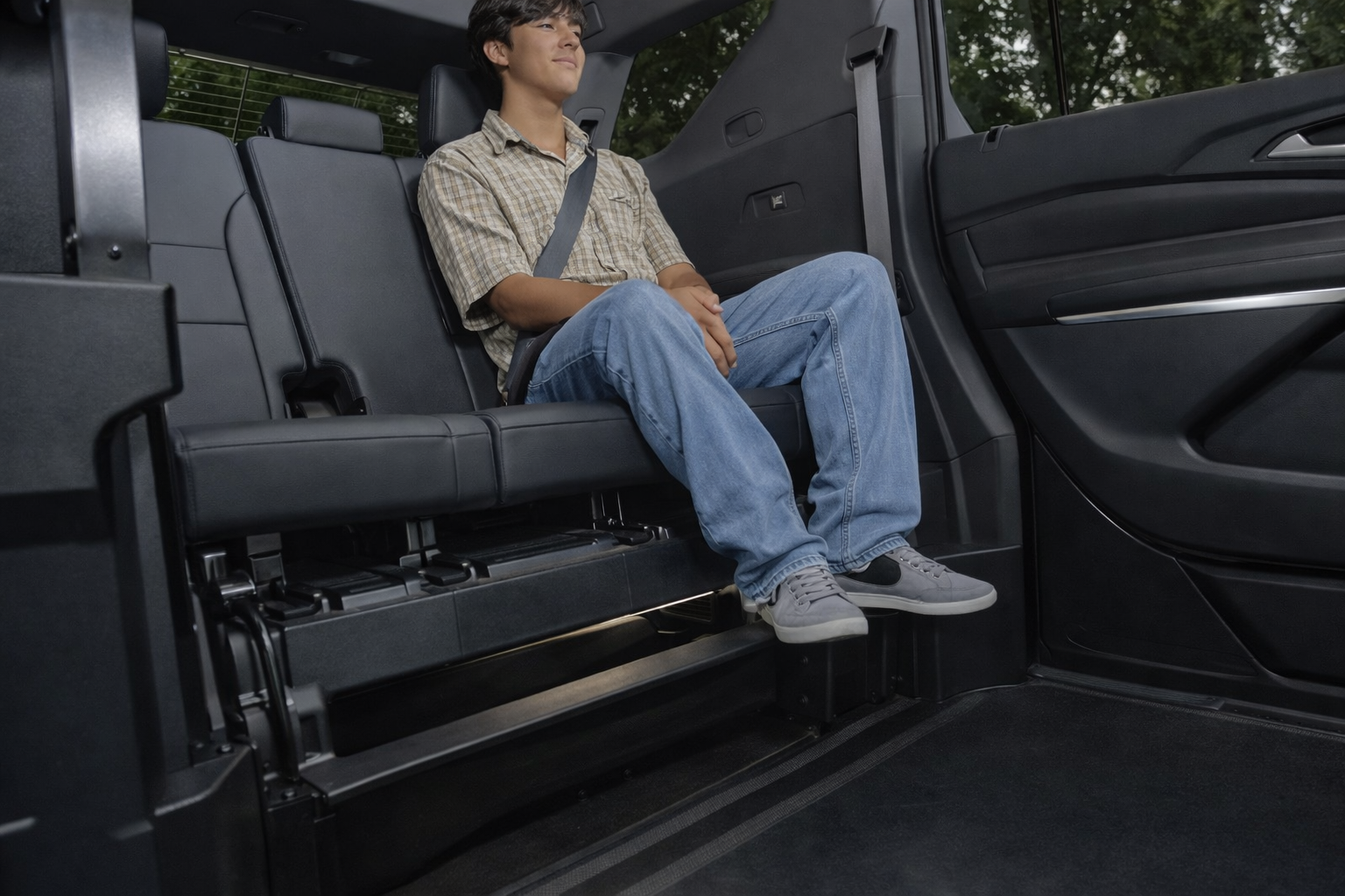 A view from the interior of a wheelchair accessible Chevrolet Traverse, facing the back of the vehicle at an angle from the front passenger area and a low height. Showing the rear bench seat occipied by a man wearing jeans and a light brown polo and in the seatbelt, with room for two more passengers on the bench.